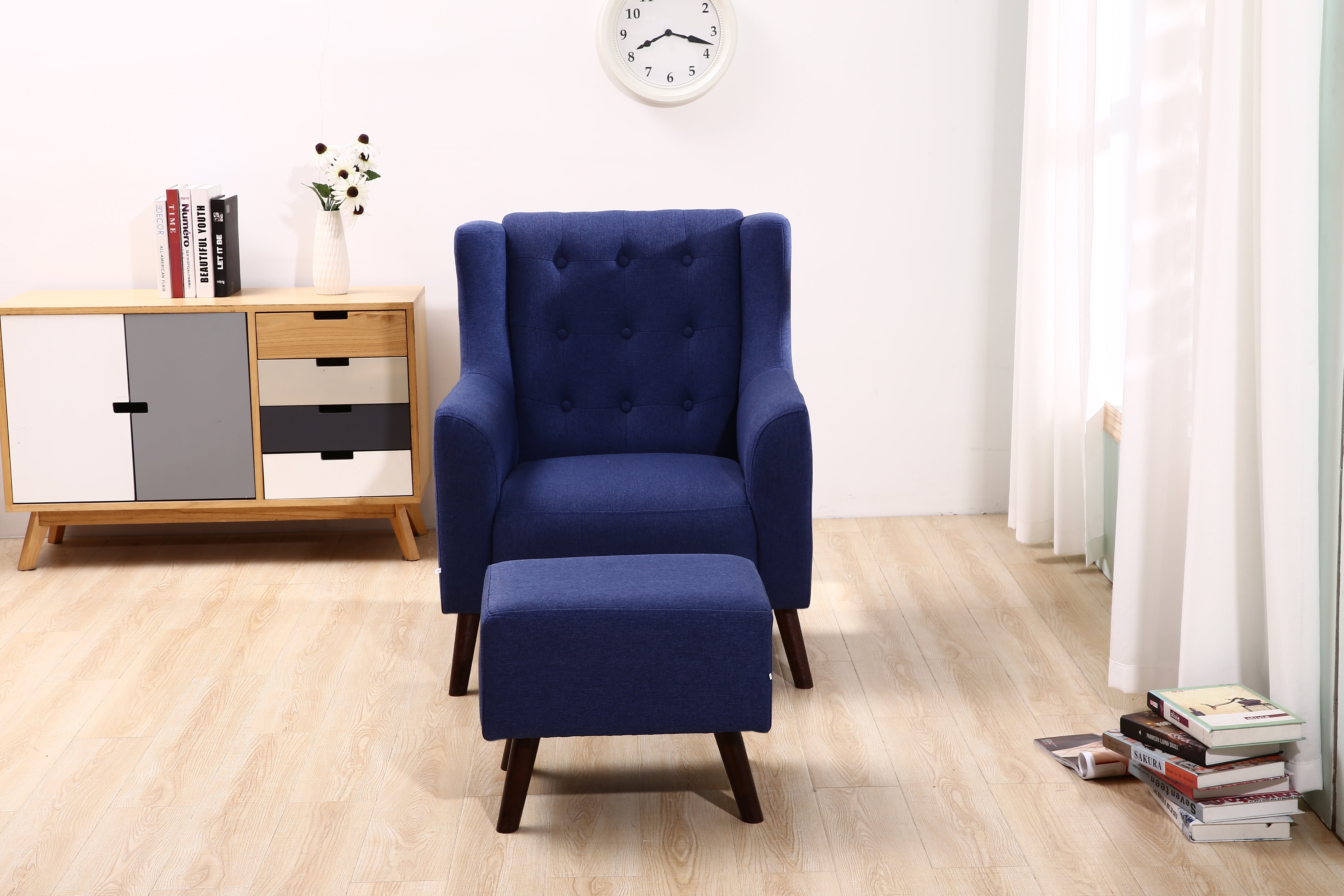 Linen Buttoned Tuff Armchair & Footstool