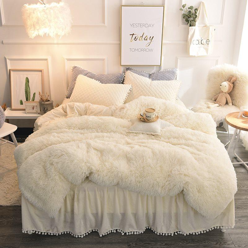 White Plush Duvet Cover Bed Skirt 4 Piece Fluffy Bedding Sets