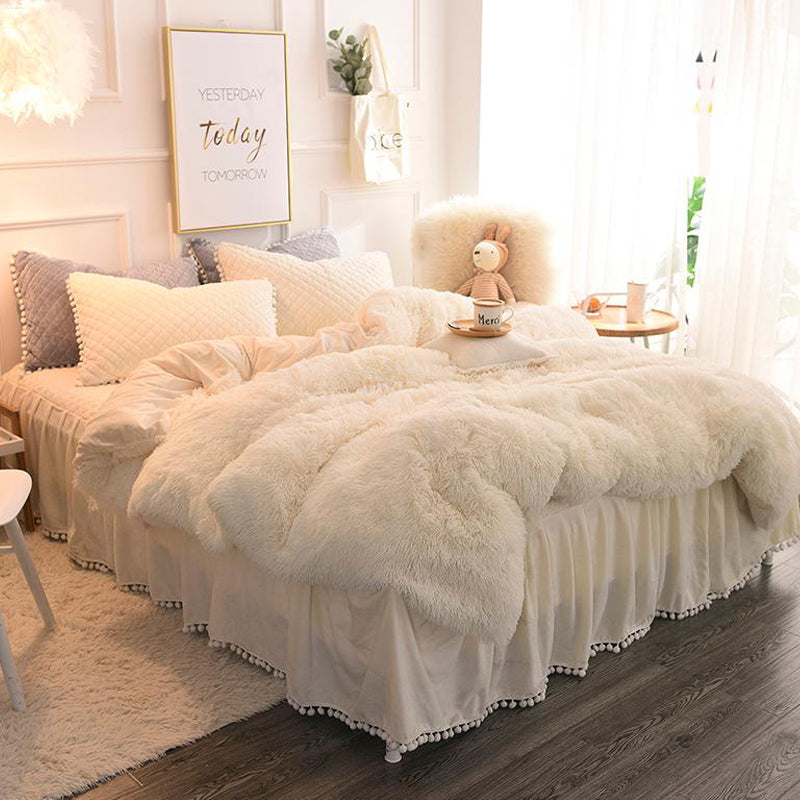 White Plush Duvet Cover Bed Skirt 4 Piece Fluffy Bedding Sets