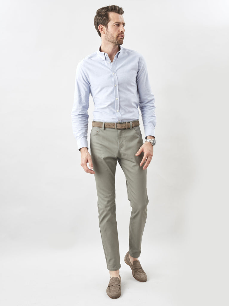 olive pants blue shirt