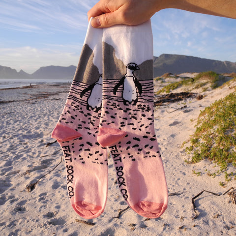 Ladies' Pink Penguin socks, designed and made in Cape Town, South Africa