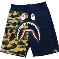 BAPE Split Camo Shark Sweat Shorts - Navy/Yellow