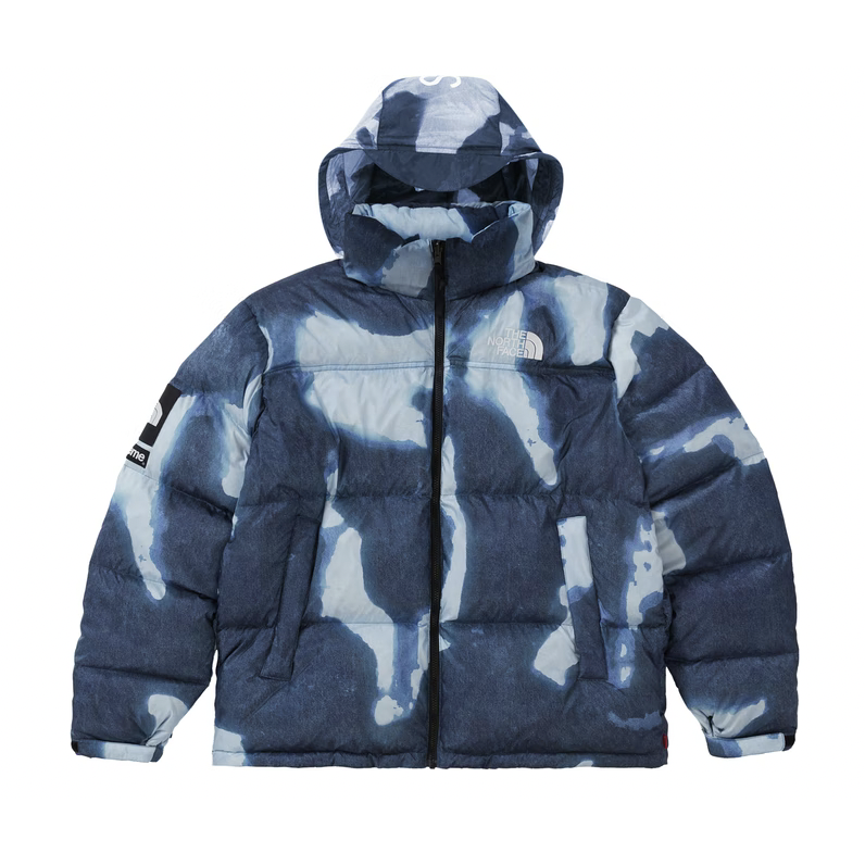 Supreme The North Face Bleached Denim Print Nuptse Jacket -Indigo