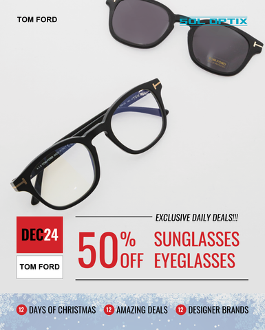 A pair of Tom Ford prescription eyeglasses with matching clip-on sunglasses. 