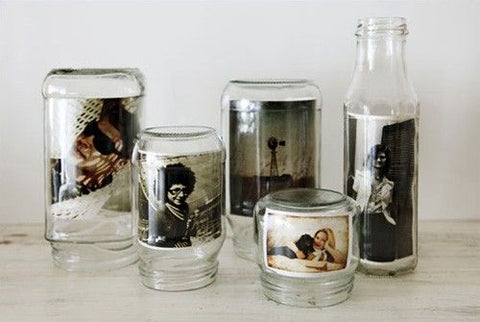 set of photo frames diy made from glass jars and bottles