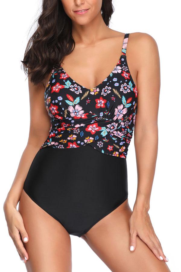 Traje de baño de una pieza con estampado de flores y cuello en V