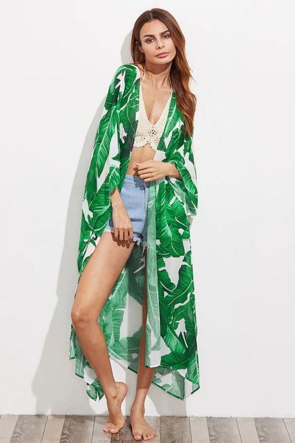 Vestido de playa de manga larga, con estampado de hojas