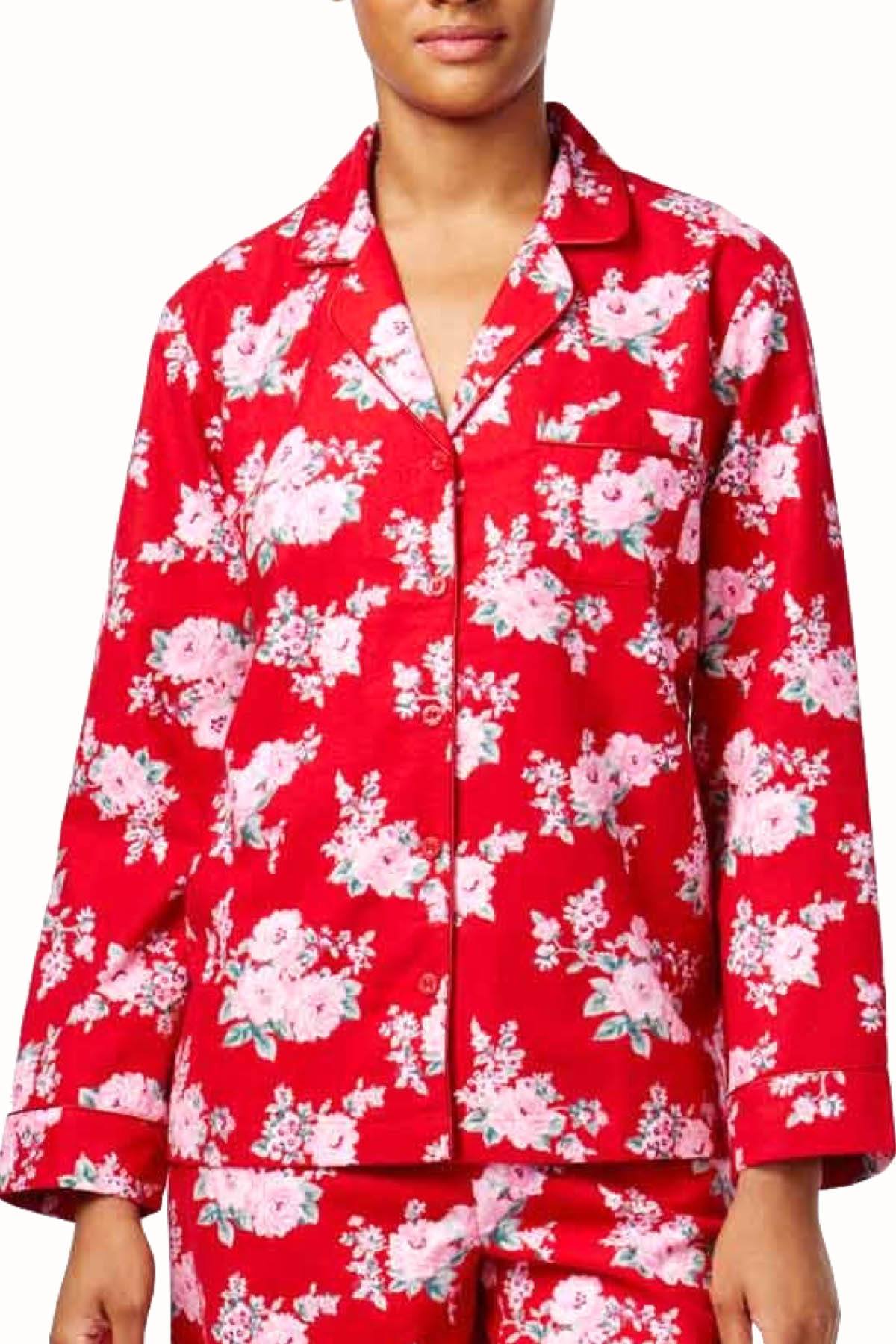Charter Club Intimates Red/Pink Rose Printed Flannel PJ 2Piece Set