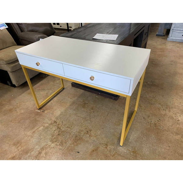 white and gold writing desk with drawers