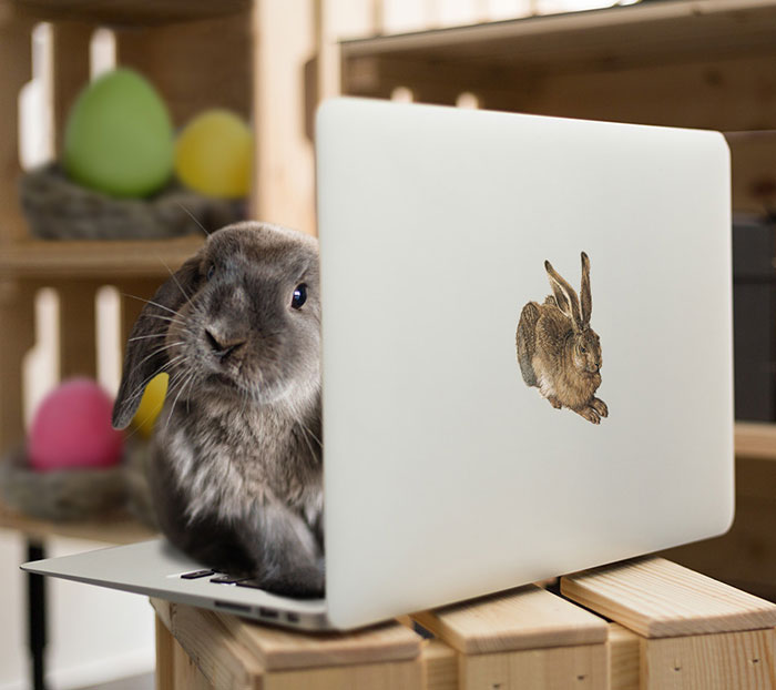 easter bunny behind macbook with reusable sticker
