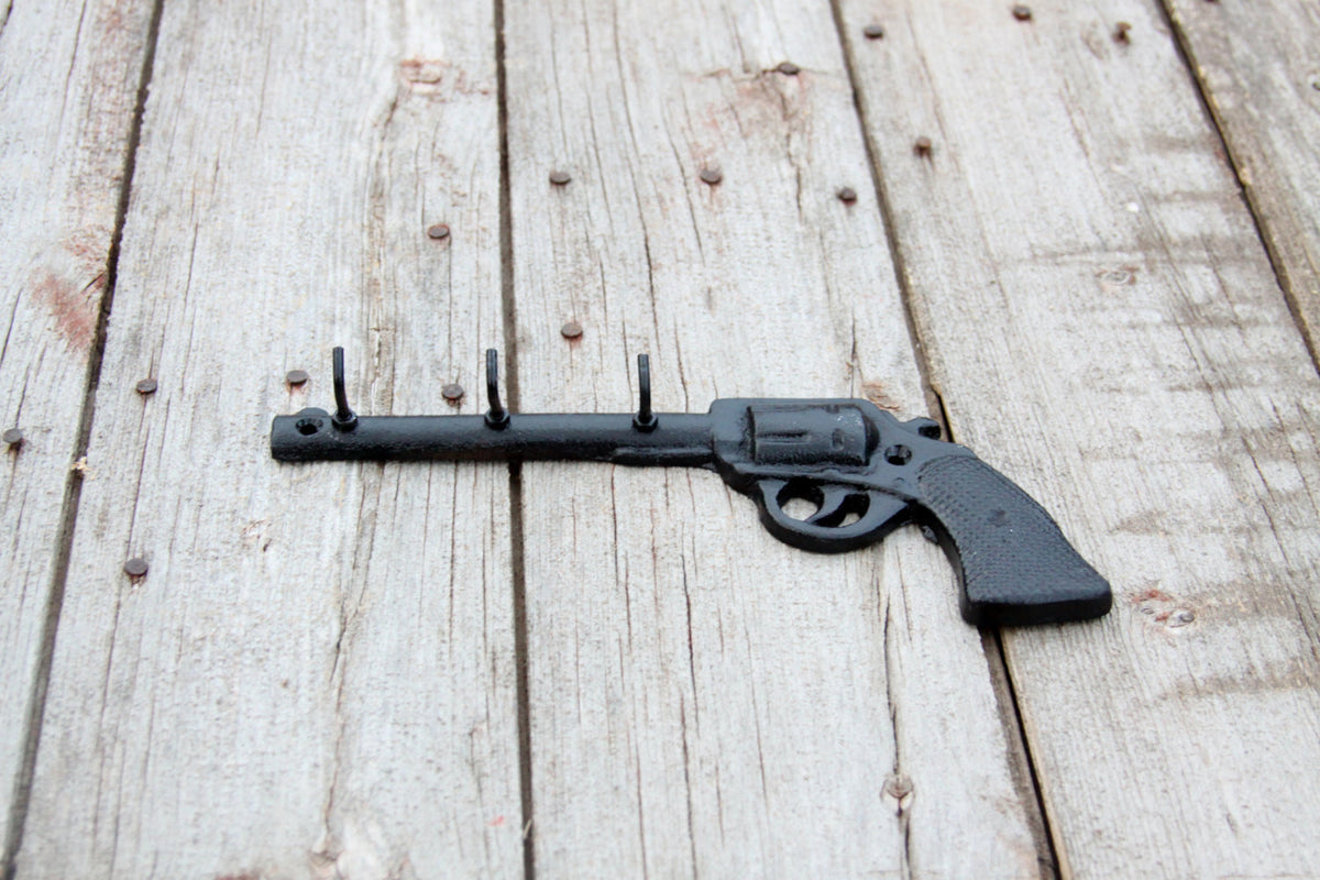 Western Rustic Cast Iron Key Holder Pistol 6 Shooter Star Metal 3 Hooks Gun 