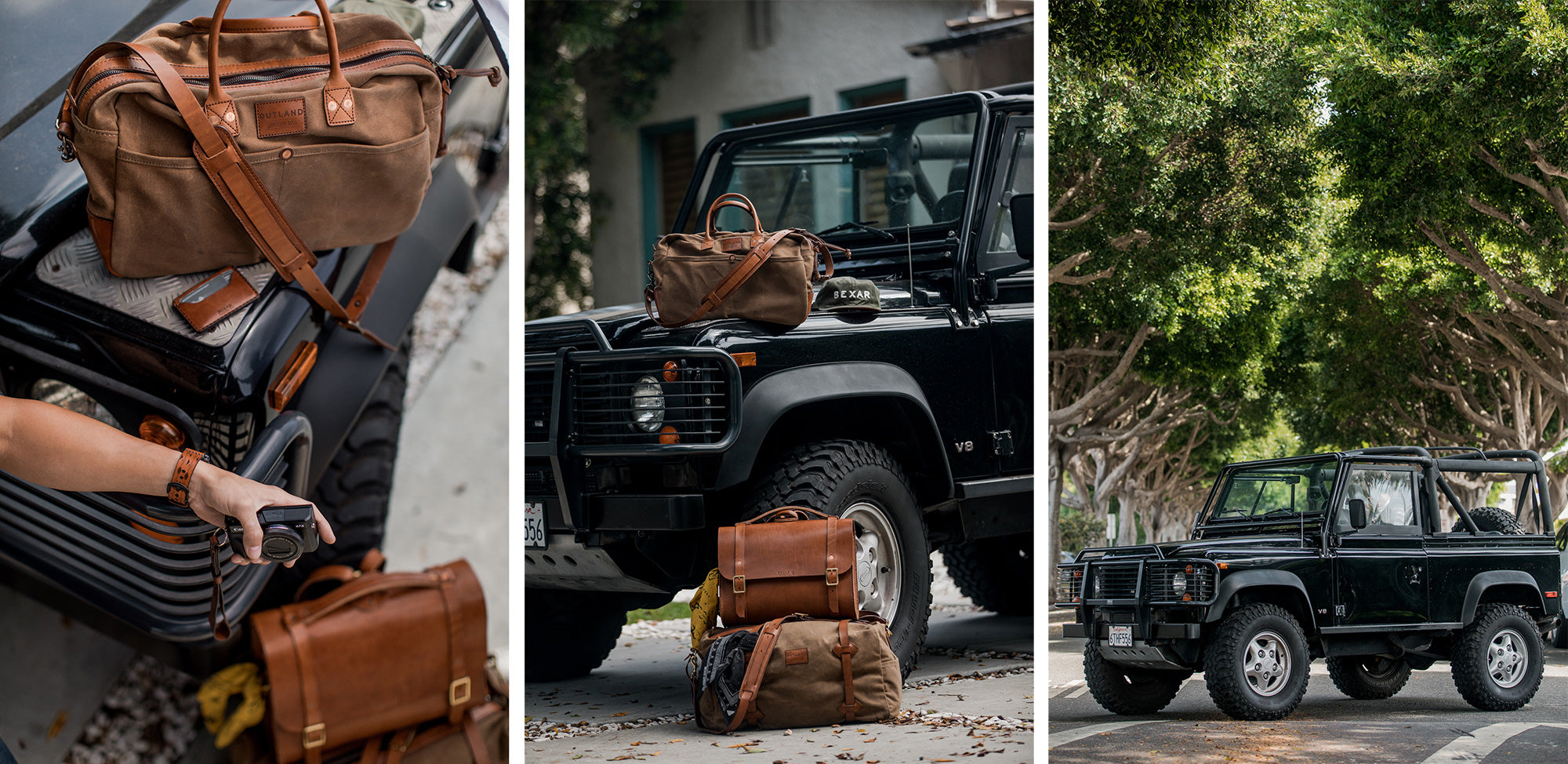 First image shows a black SUV parked with leather and canvas bags sitting on hood and ground. Second image shows a farther away shot of the same vehicle with a male driver inside.