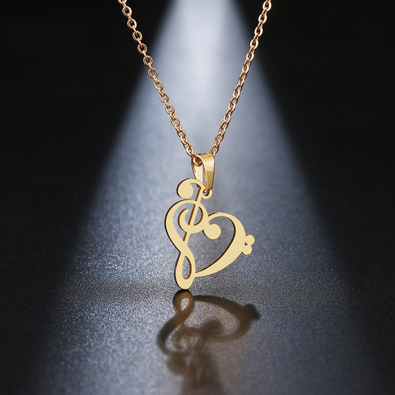 Tioneer Stainless Steel Treble Bass Clef Musical Heart Floating Heart Tag Charm Pendant Necklace 