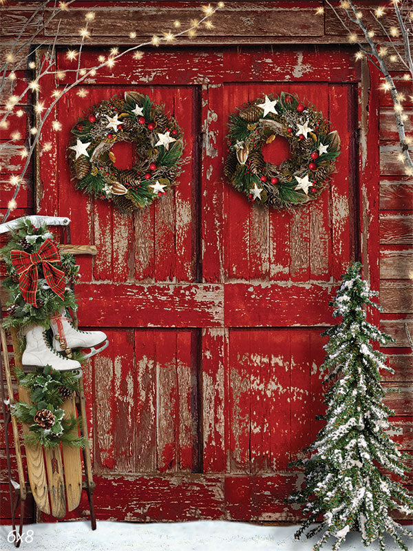 Red Barn Door Rustic Christmas Photo Backdrop - Denny Manufacturing