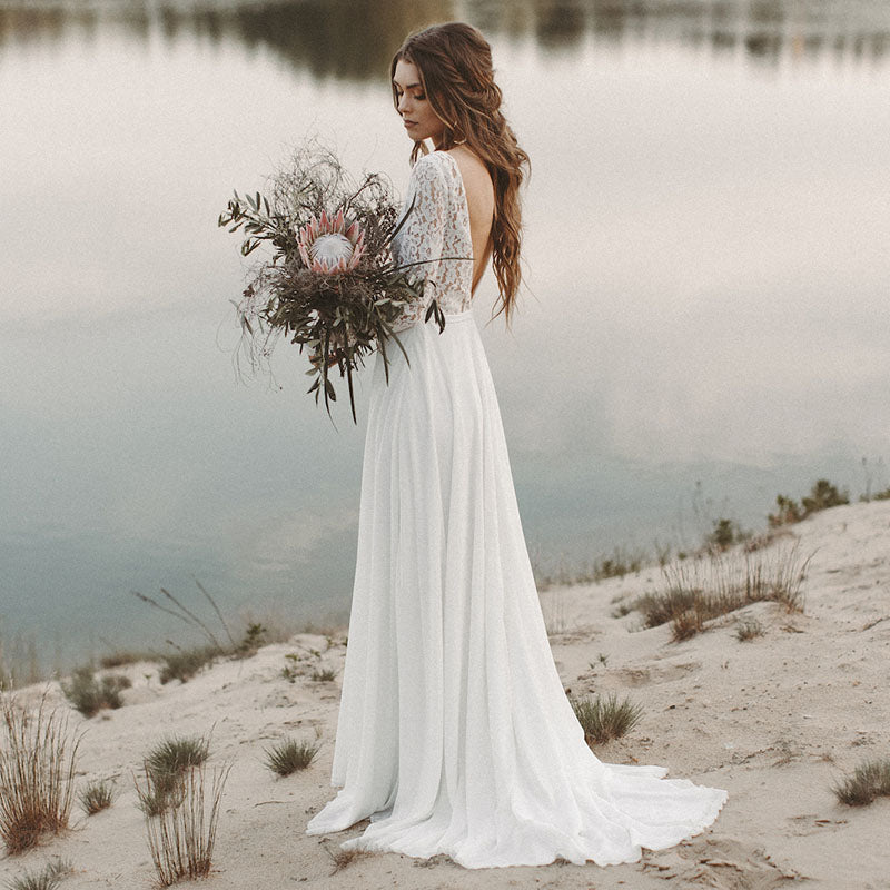 Long sleeve wedding dress with open back