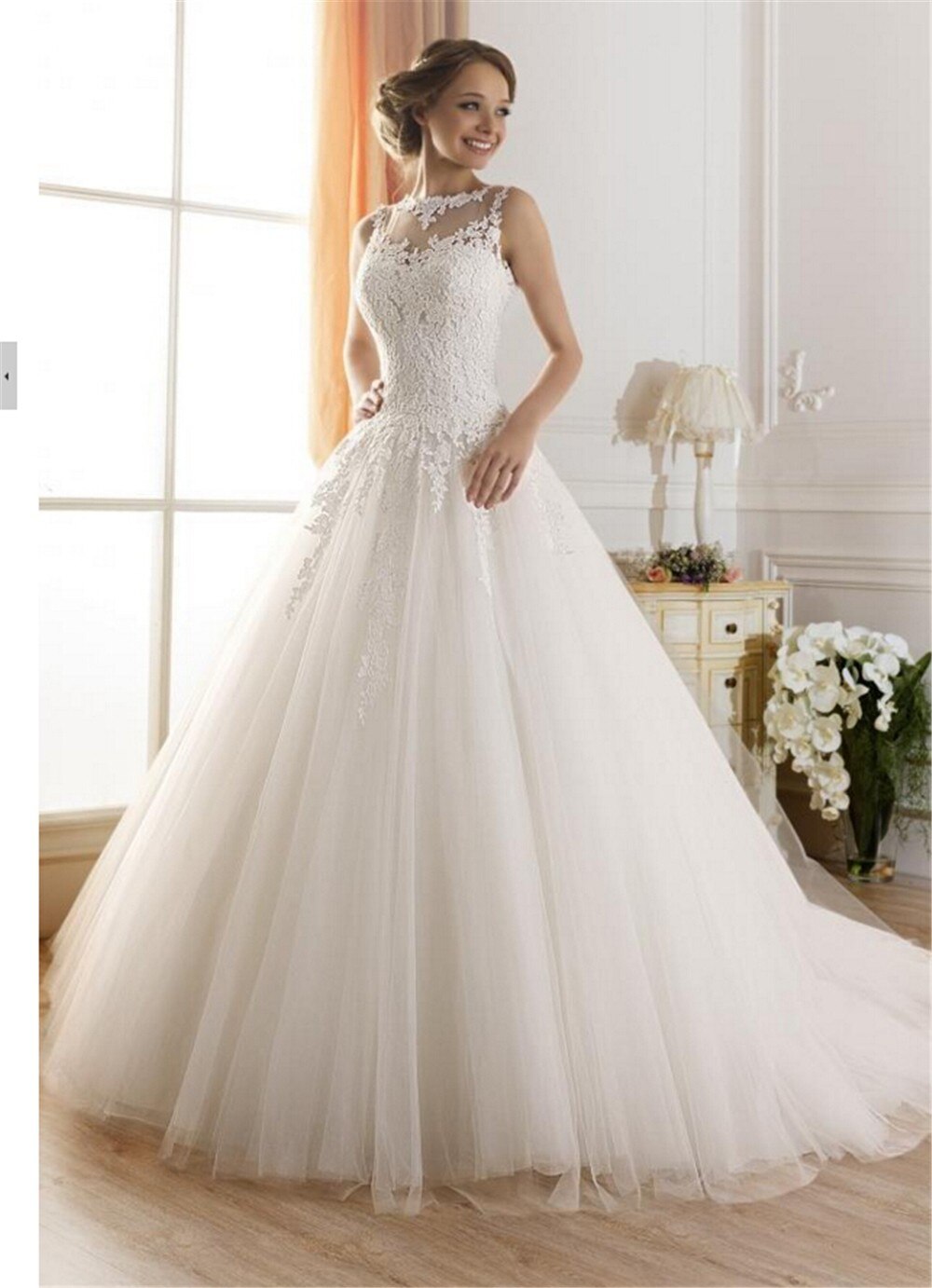 High-neck A-line wedding gown