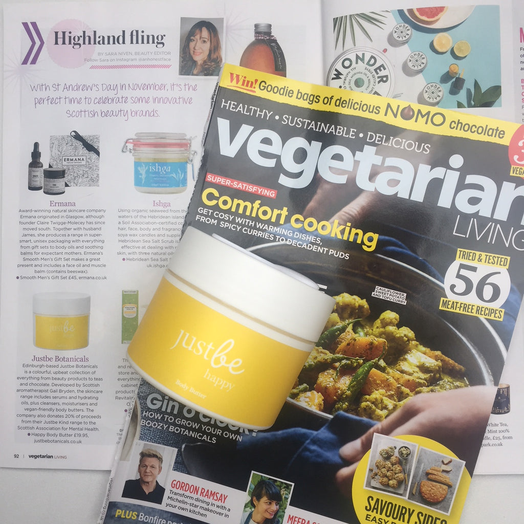 Vegetarian Living Magazine JustBe Happy Body Butter Scottish Skincare