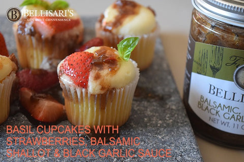 Basil Cupcakes with Strawberries, Balsamic Shallot and Black Garlic Sauce