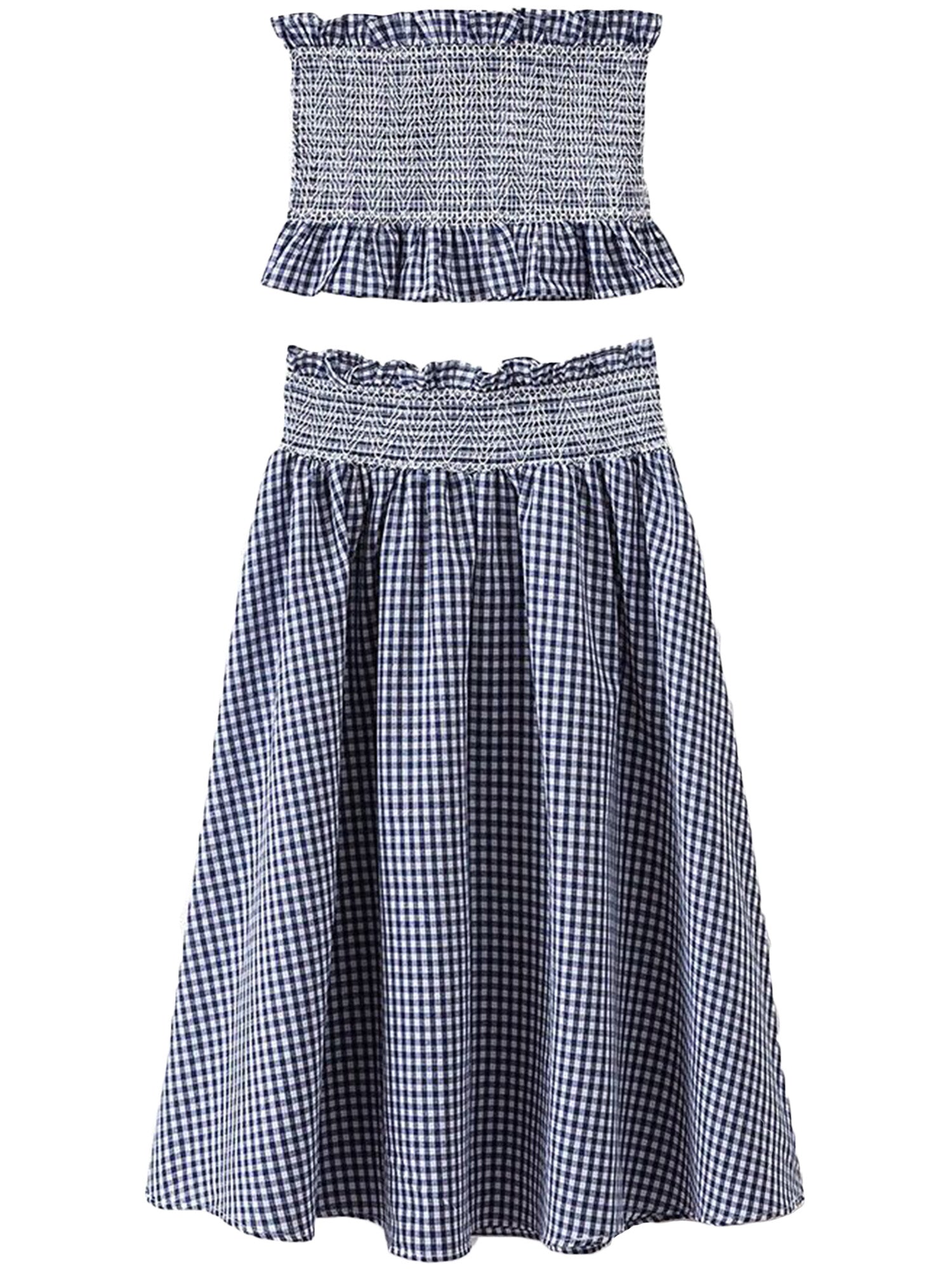 'Marissa' Navy Blue Gingham Knee Length Skirt Co-Ords