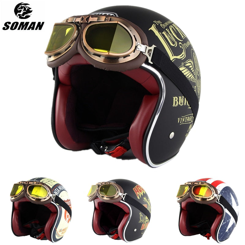 Vintage Stripes Motorcycle Helmets Half Face ABS Helmet Capacete with Goggles