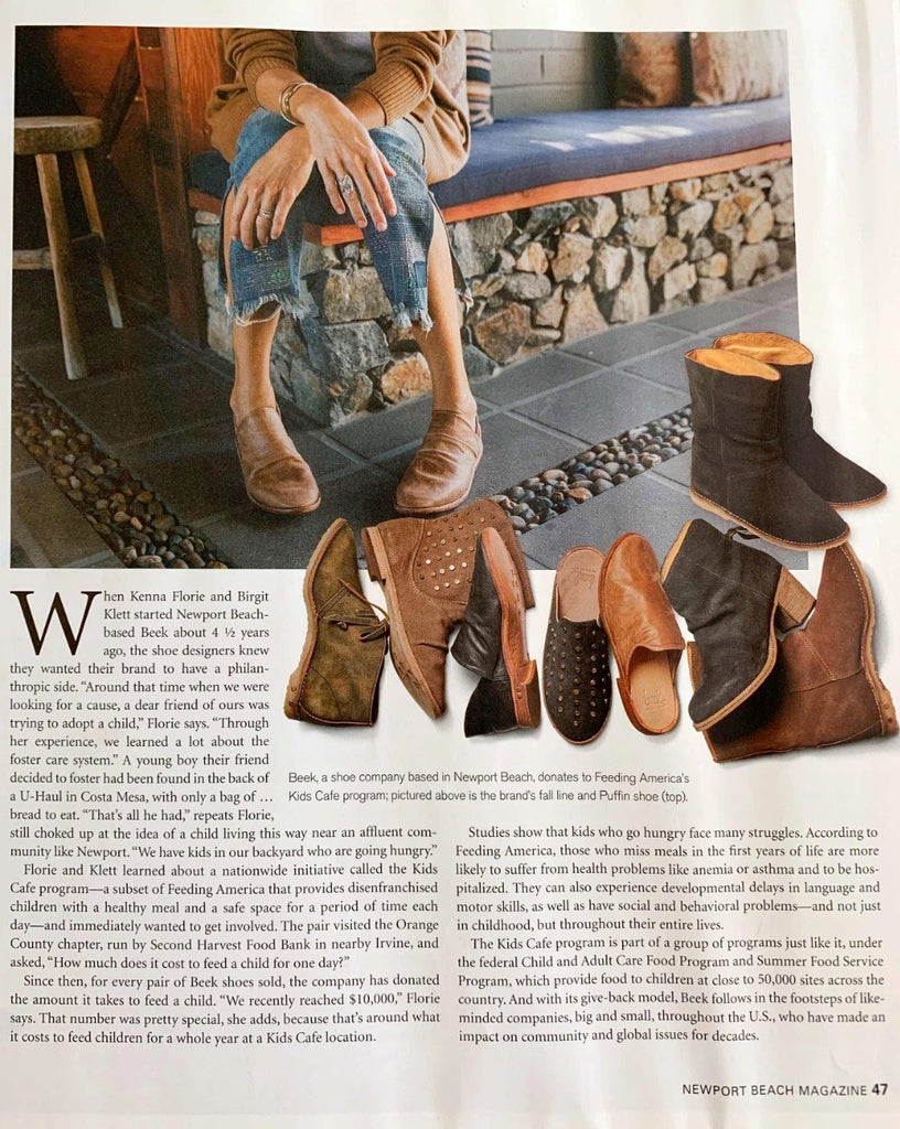 Newport Beach magazine page featuring beek footwear