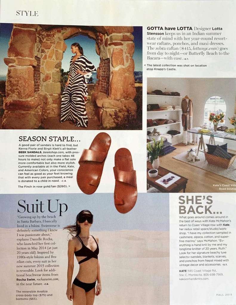 Santa Barbara magazine page featuring Finch toe ring sandals in rose gold/tan