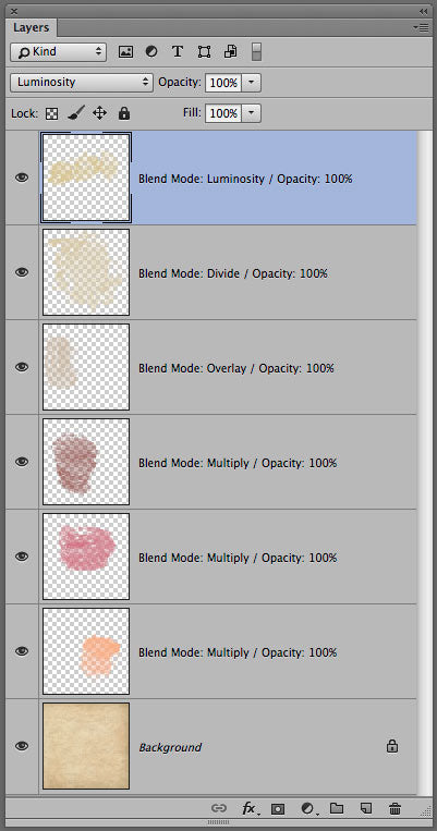 Photoshop layer panel showing build up of brushes with different blend modes.