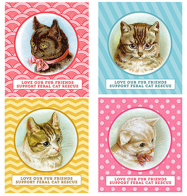 Sticker or tag digital download featuring vintage cat illustrations that support feral cat rescue.