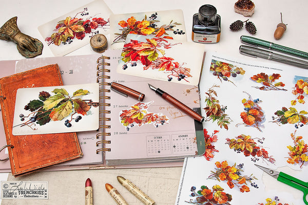 Fall leaves and berries vintage graphics for planners and junk journals.