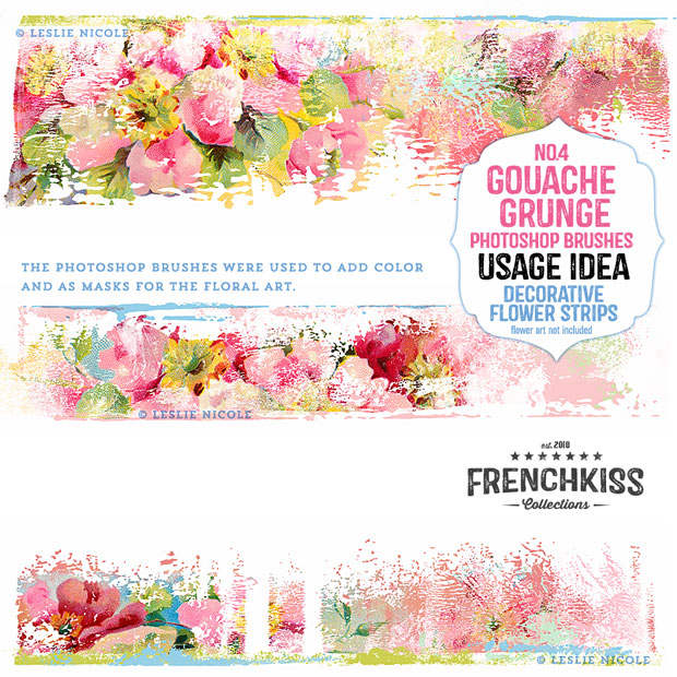 Decorative messy floral strips designed by Leslie Nicole using the French Kiss Collections' Gouache Grunge No 4 Photoshop brushes.