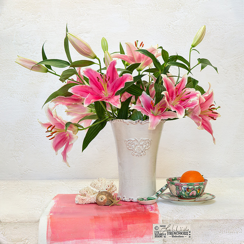 Lilies and orange textured still life by Leslie Nicole
