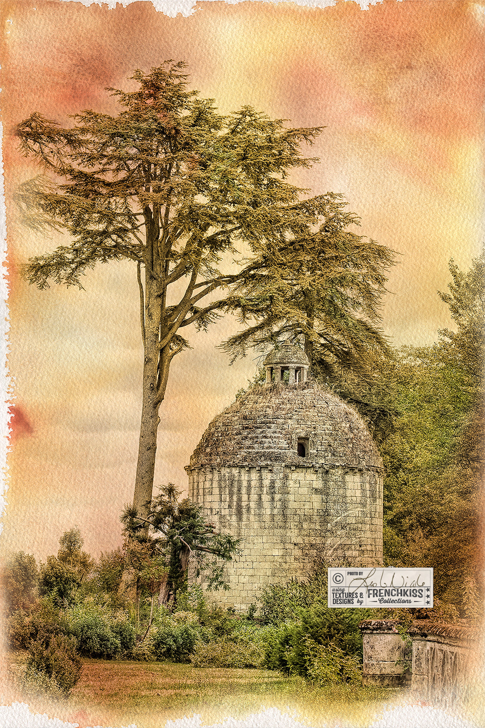 Photograph of an ancient building in France with a watercolor texture treatment. Photograph by Leslie Nicole, texture from the Autumn Rain collection.