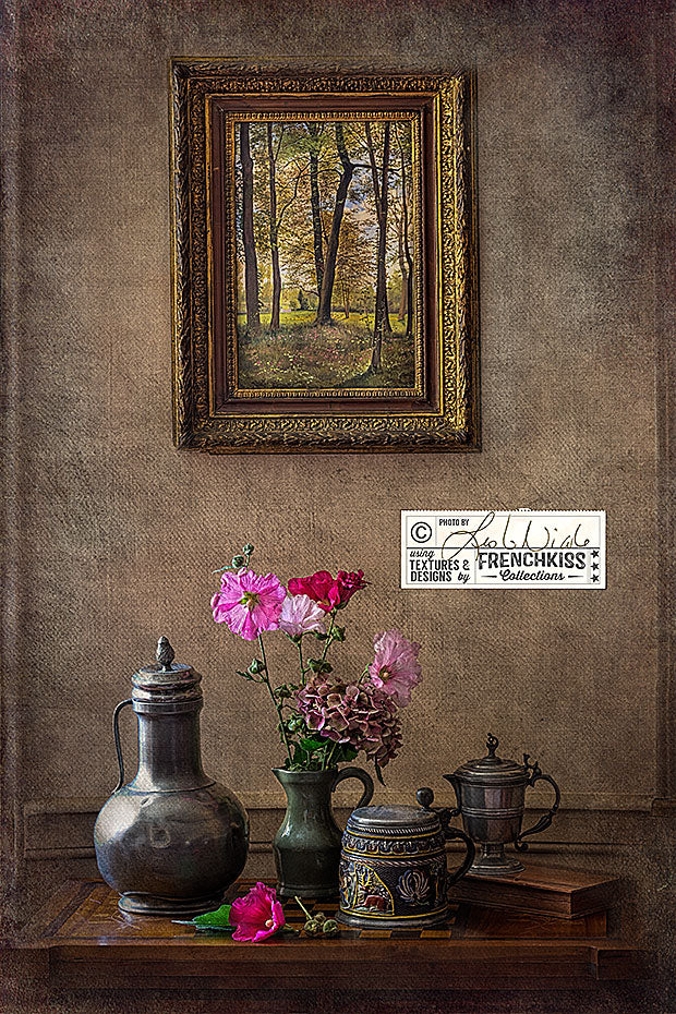 Textured still life with pitchers, hollyhocks and a painting in a chiaroscuro style.