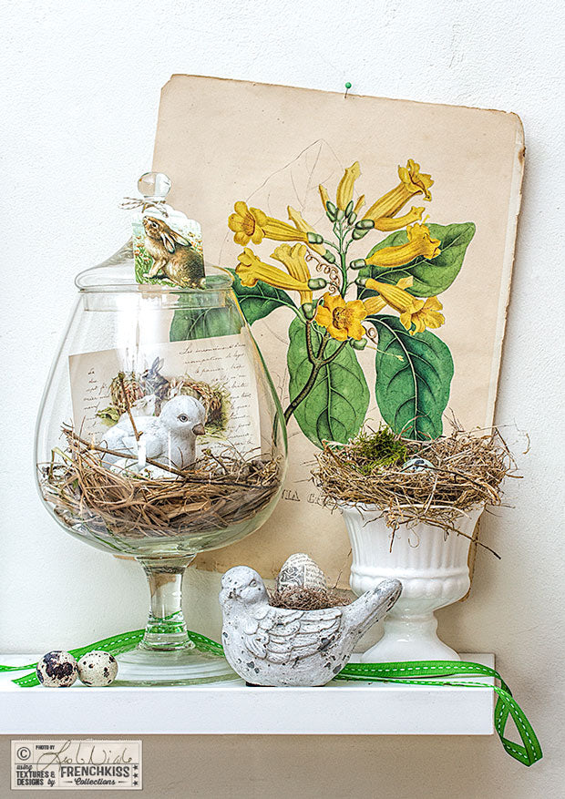 Easter display with vintage elements, apothecary jar and printable images