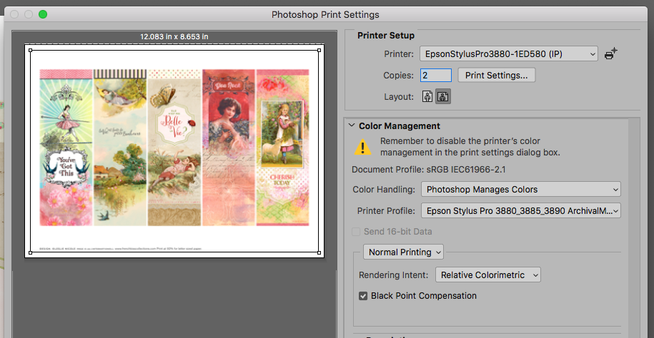 Choosing an ICC profile in Photoshop for bookmark printables.