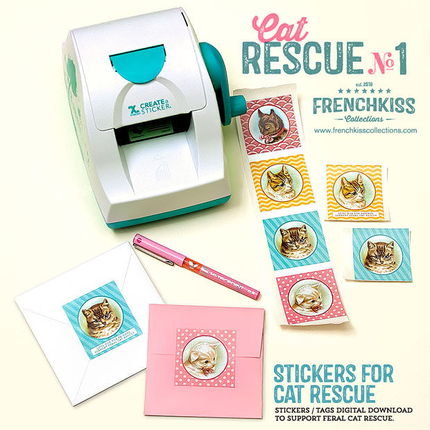 Sticker or tag digital download featuring vintage cat illustrations that support feral cat rescue.