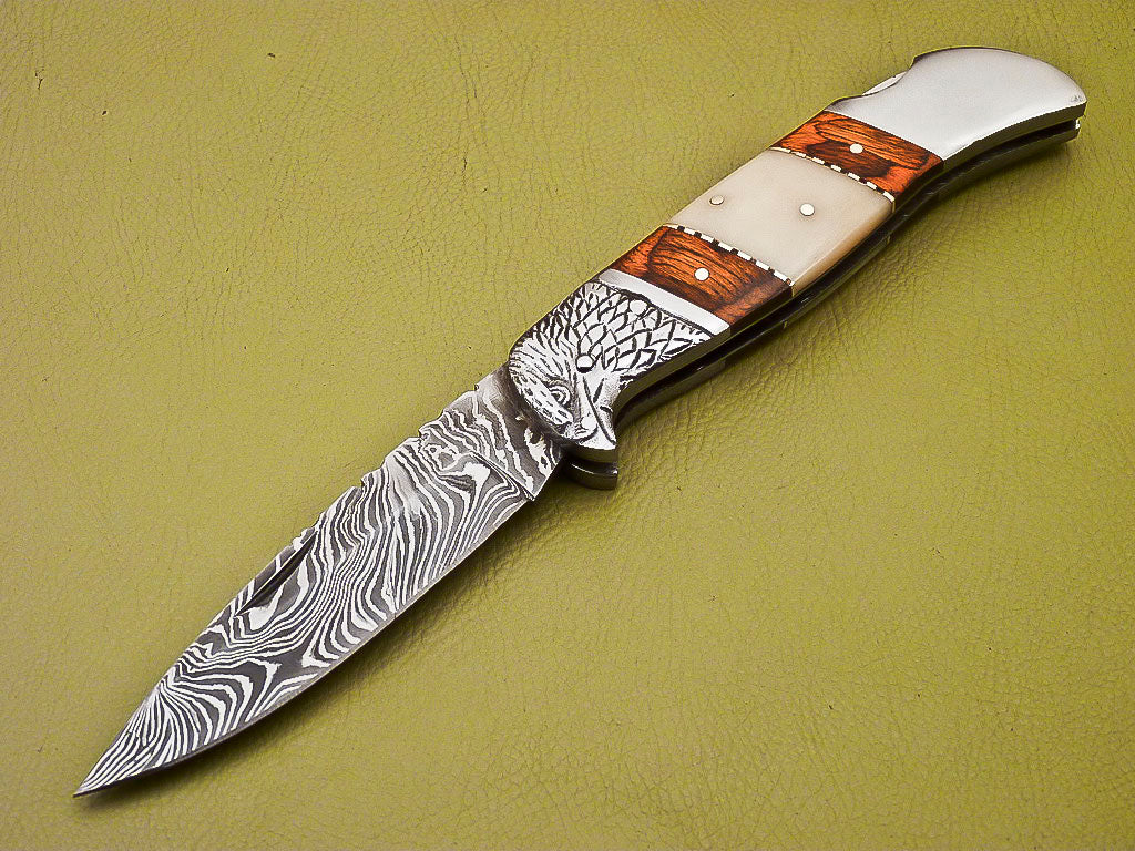 DYED BONE HANDLE FOLDING KNIFE Damascus steel blade handmade  POCKET KNIFE 