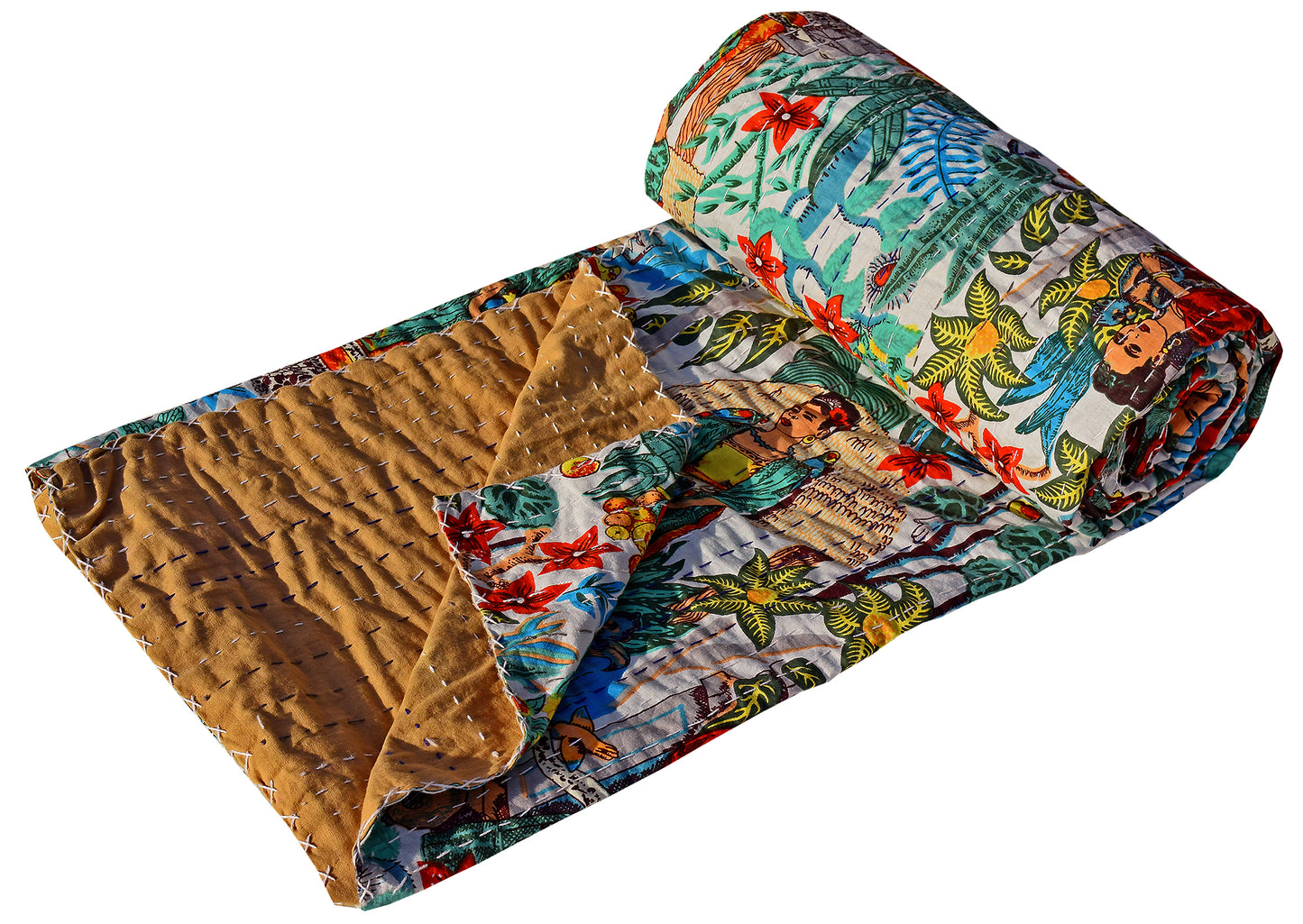 Frida Kahlo Kantha Bedcover White - The Teal Thread