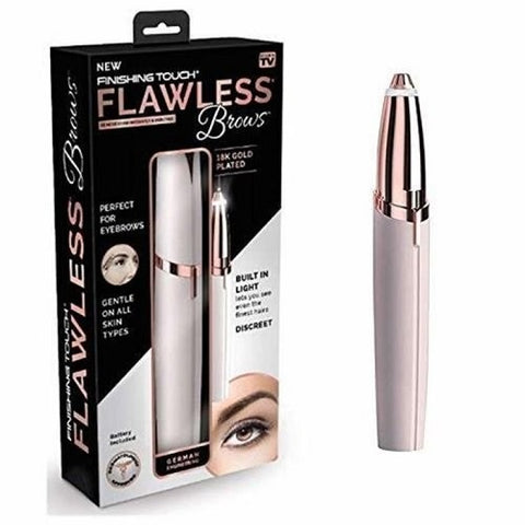 Image shows the Flawless brows packaging in a white and black box. On the right it shows the Flawless Brows pen in white and rose gold.