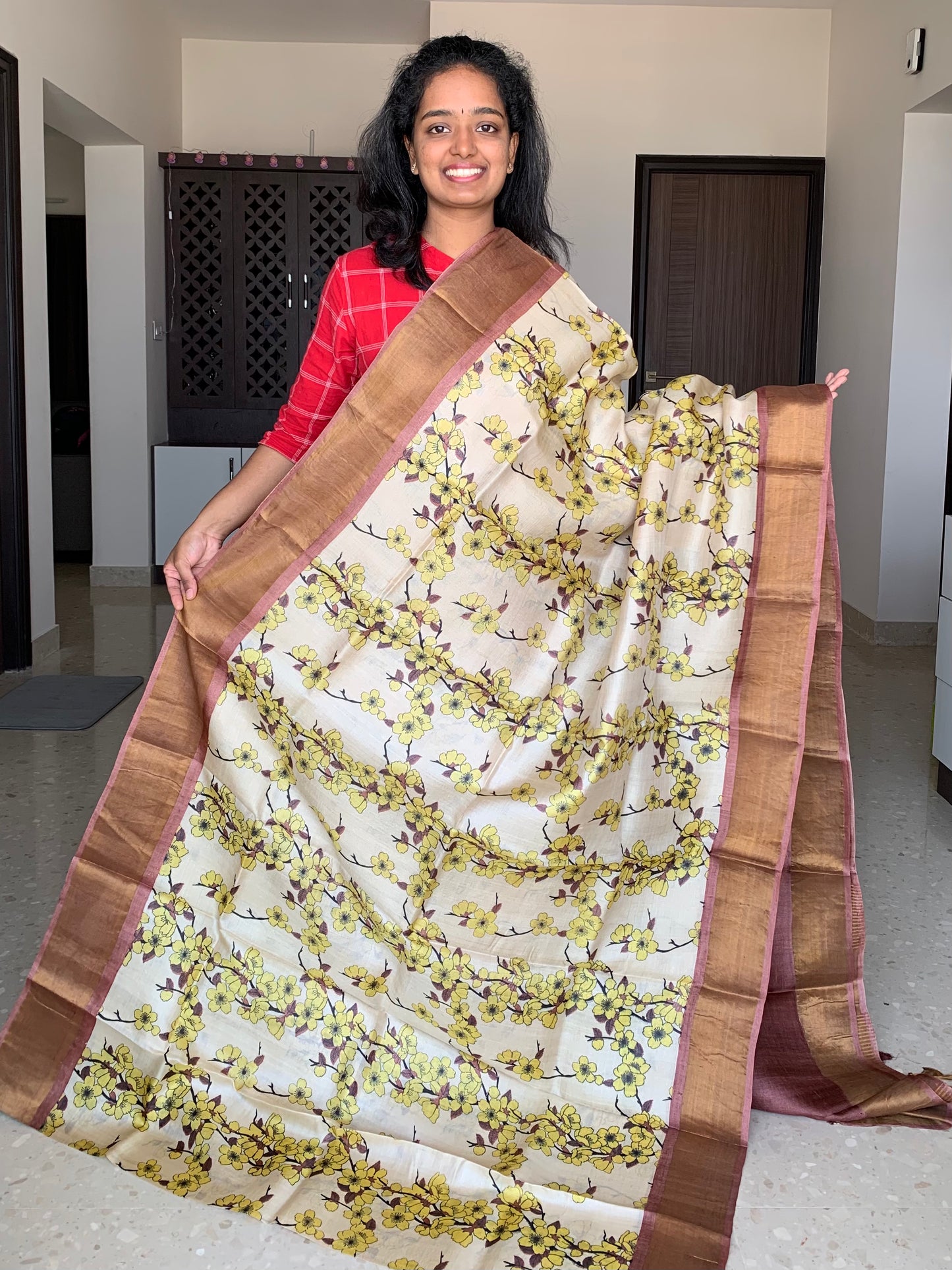 Cream and Brown Tussar Silk Saree with Floral Prints