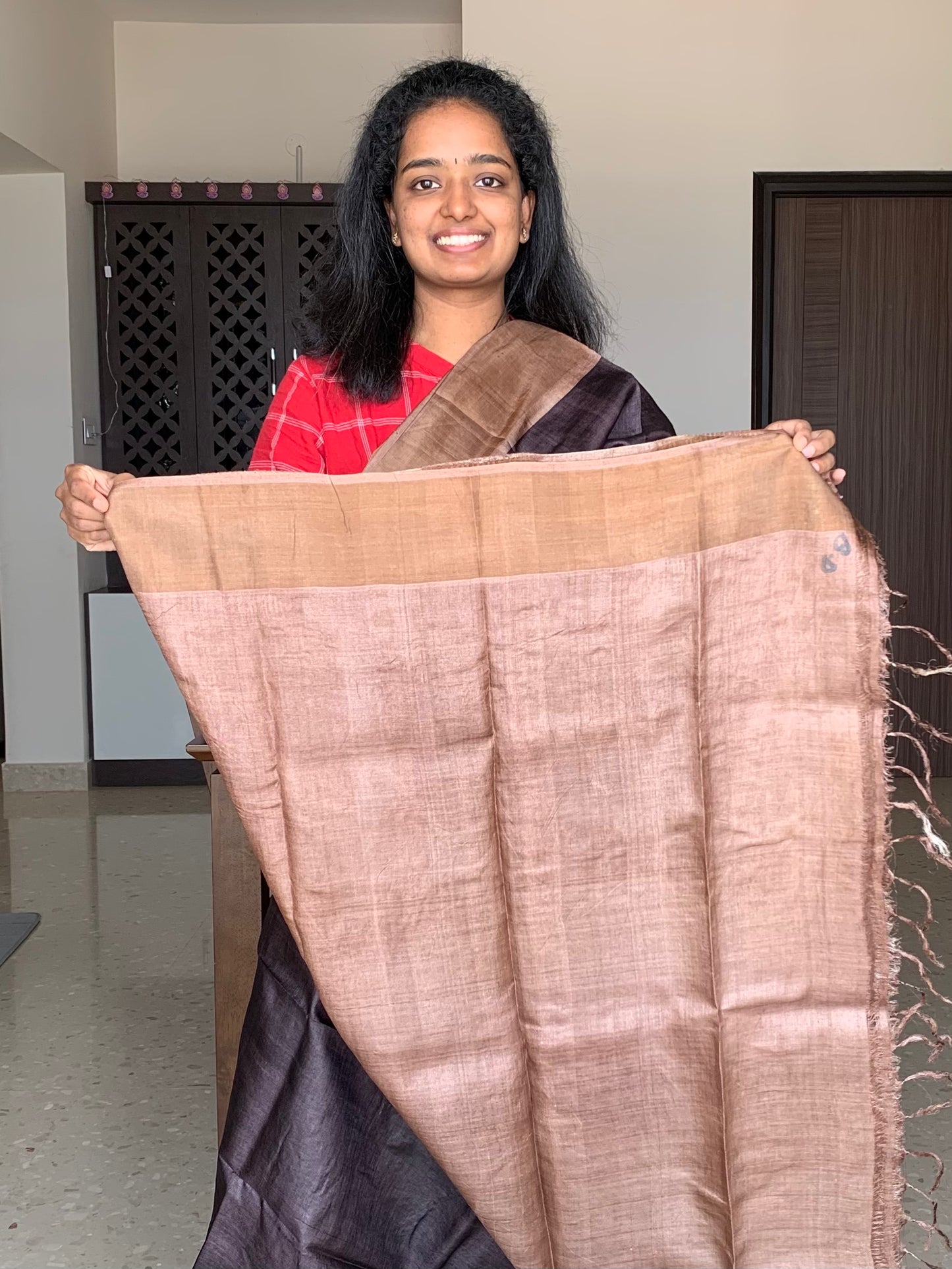 Dark Brown Tussar Silk Saree with Floral Prints