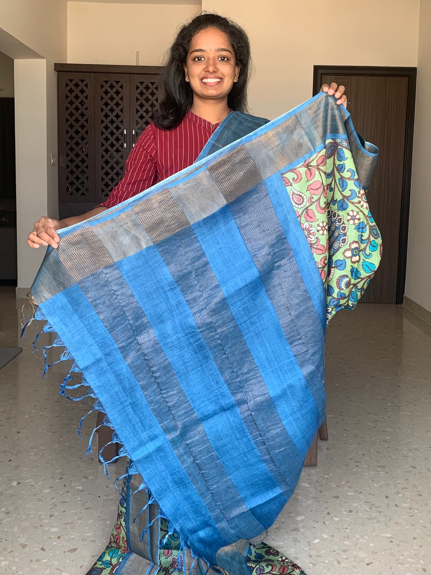 Green and Blue Tussar Silk Saree with Kalamkaari Prints