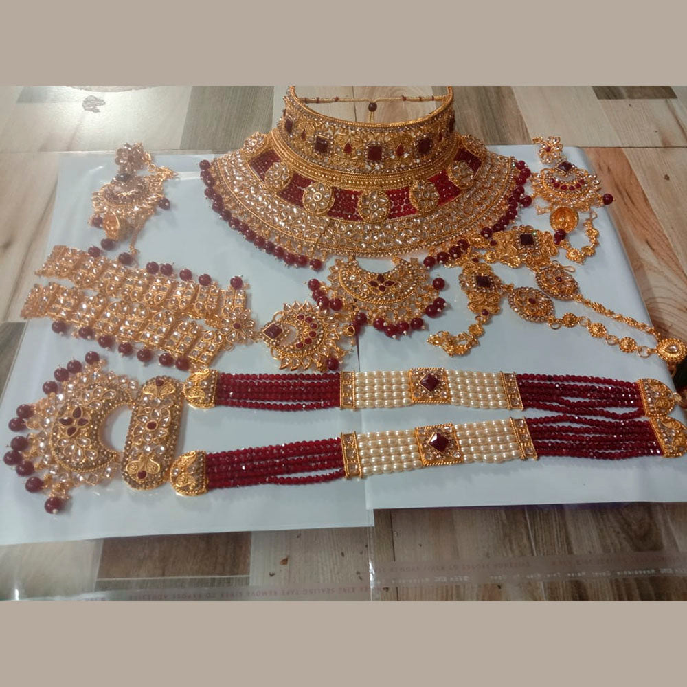 Neetu Art Gold Plated Red Stone And Kundan Bridal Jewellery Set for Wo