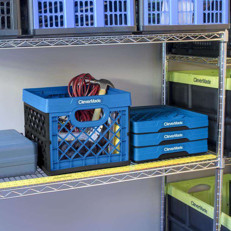 A stack of CleverCrate® Milk Crates in the garage on a rack