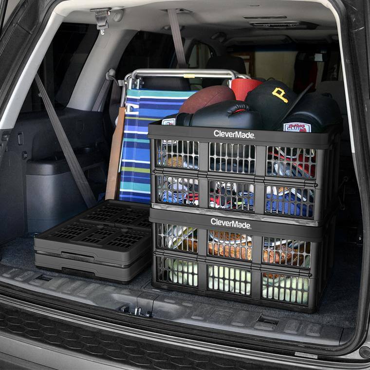 Stack of CleverCrate® Utility Crates in Black in the back of a car