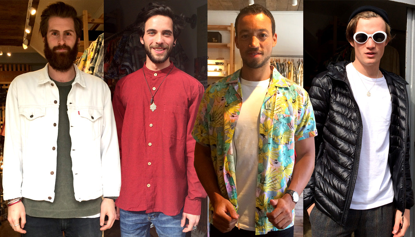 Reece, Mateo, Nate and George posing in their vintage and Fairtrade fashion finds: Levis white denim jacket, Fairtrade Nepali cotton granddad shirt, floral cotton shirt & deadstock vintage sunglasses