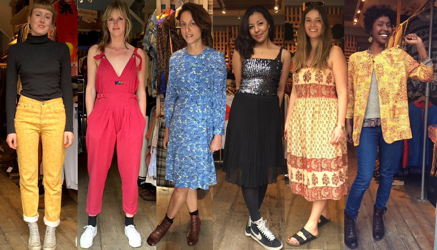 Beautiful Kirsty, Amy, Jane, Eva, Bianca and Hiba dressed in their finest Mero Retro vintage: Versace trousers, 90s dungaress, floral cotton dress, sequinned boob tube & pleated chiffon skirt, boho dress & Japanese vintage top & vintage Italian leather ankle boots