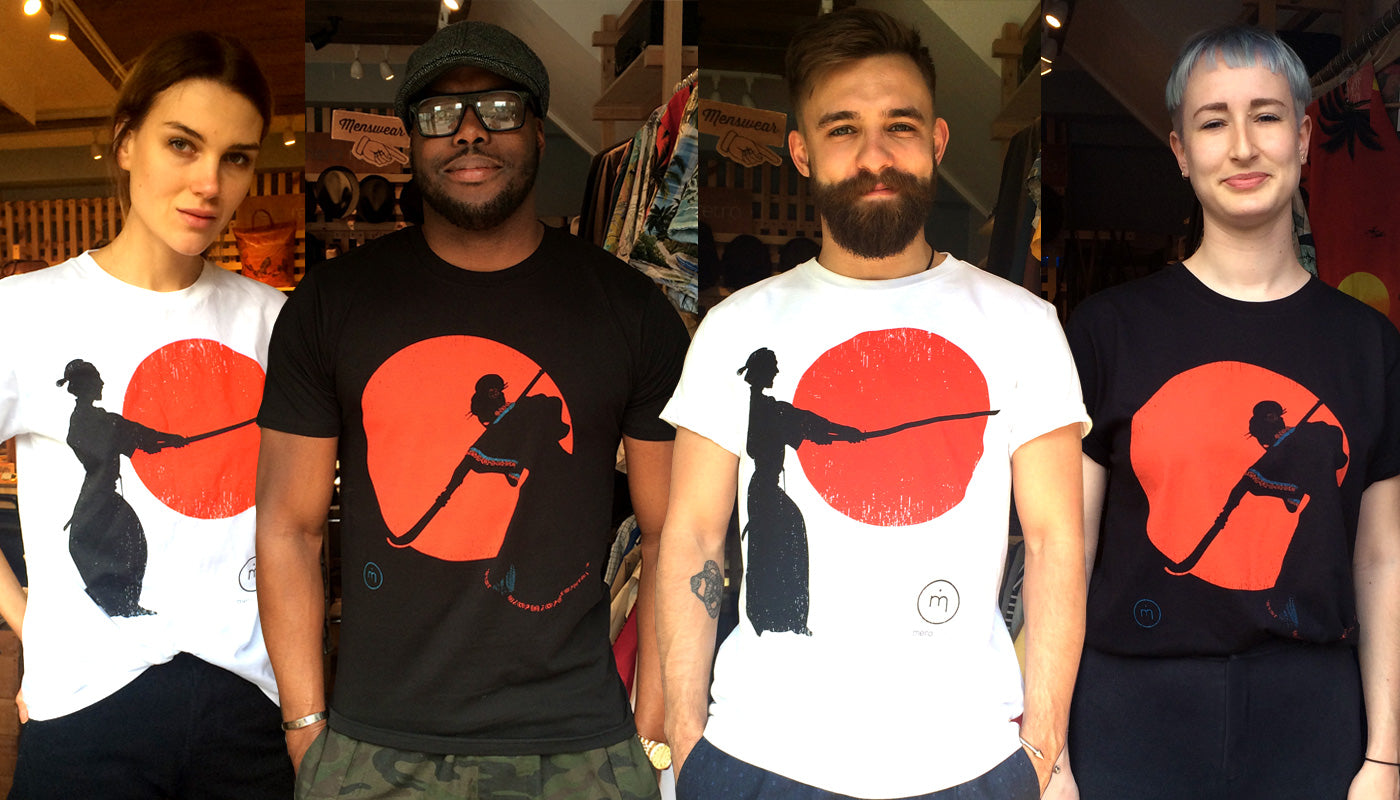 Emma, Dox, Luke & Hannah in our Fairtrade, organic cotton Samurai Sunset and Warrior Geisha t-shirts