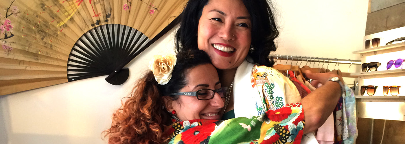 Zee & Sanju hugging in their vintage kimonos at our Launch Party