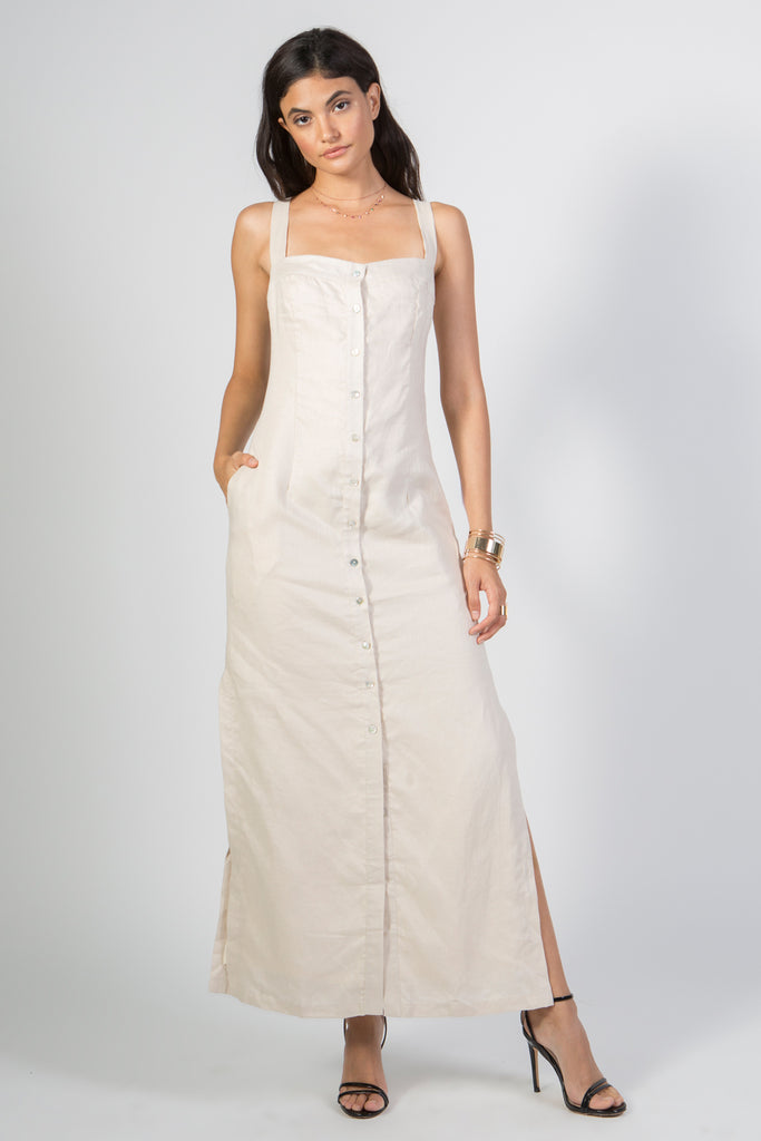 white linen button down dress